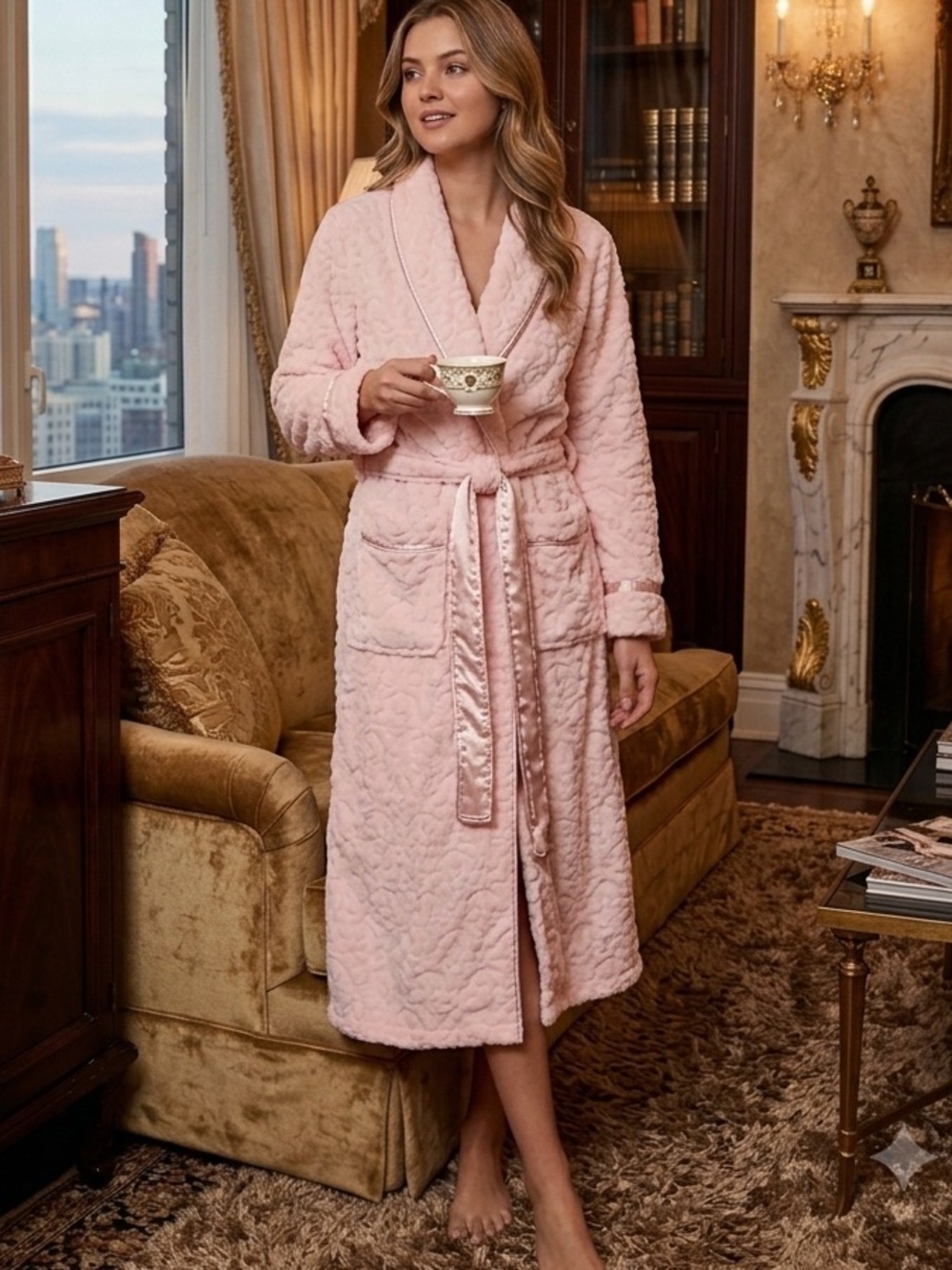 Oscar de la Renta Pink label Robe Soft Fuzzy Belted Pockets Long Sleeve XS/S